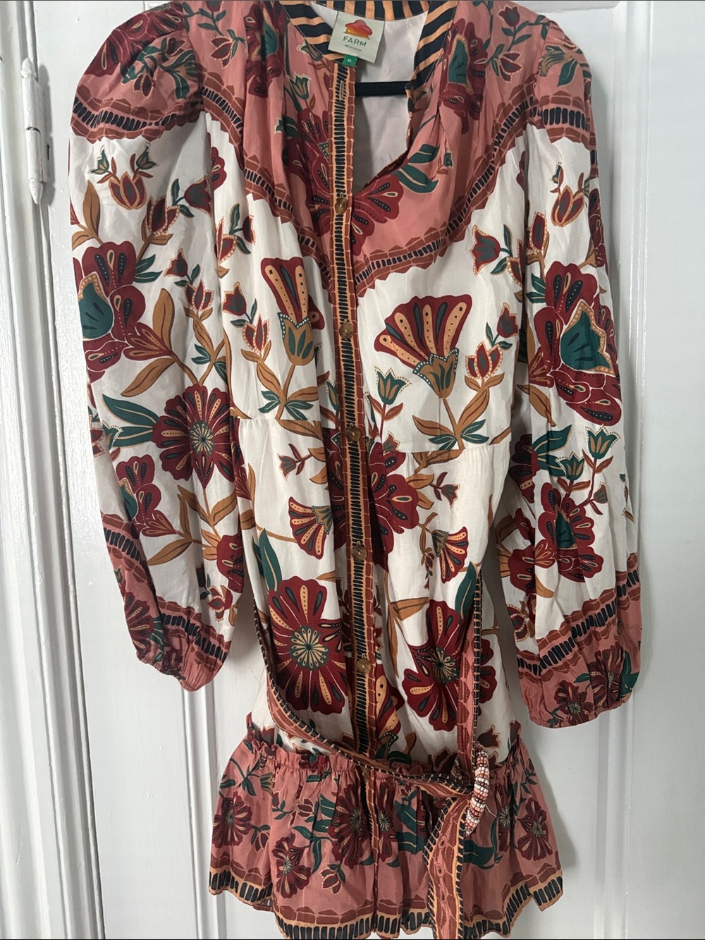 FARM Rio Terracotta, Cream & Teal Floral Long-Sleeve Mini Dress - Picture 4 of 7